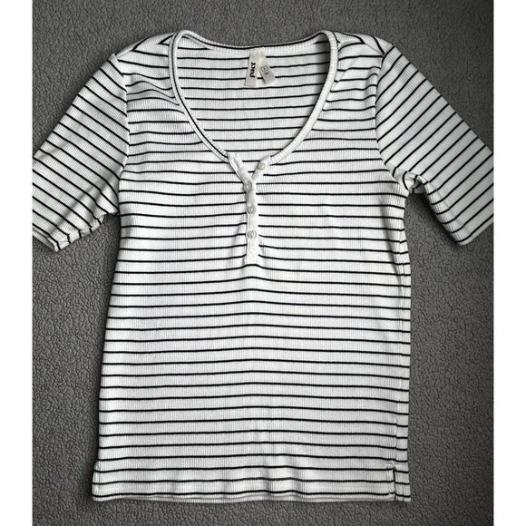 Pact Shirt Womens Small White Black Stripe Henley Ribbed Organic Cotton Top - Picture 1 of 11